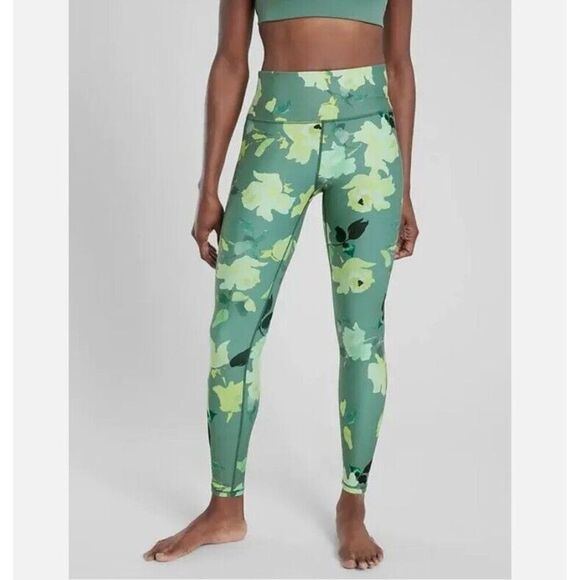 Athleta Elation 7/8 tight M green painted flower Athleisure leggings - Picture 2 of 5